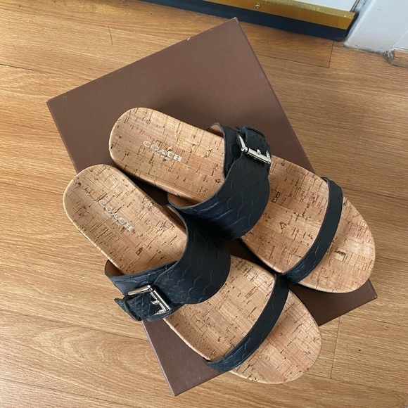 Coach New Women’s Size 9 Sunny Cut Snake Black Leather Cork Sandal Slides NIB - Picture 13 of 14